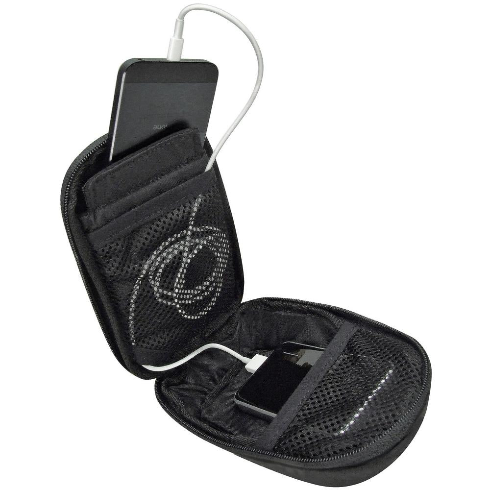 Schwarze KLICKfix Phone Bag Comfort S Fahrrad-Smartphonetasche offen, ein Smartphone wird geladen.