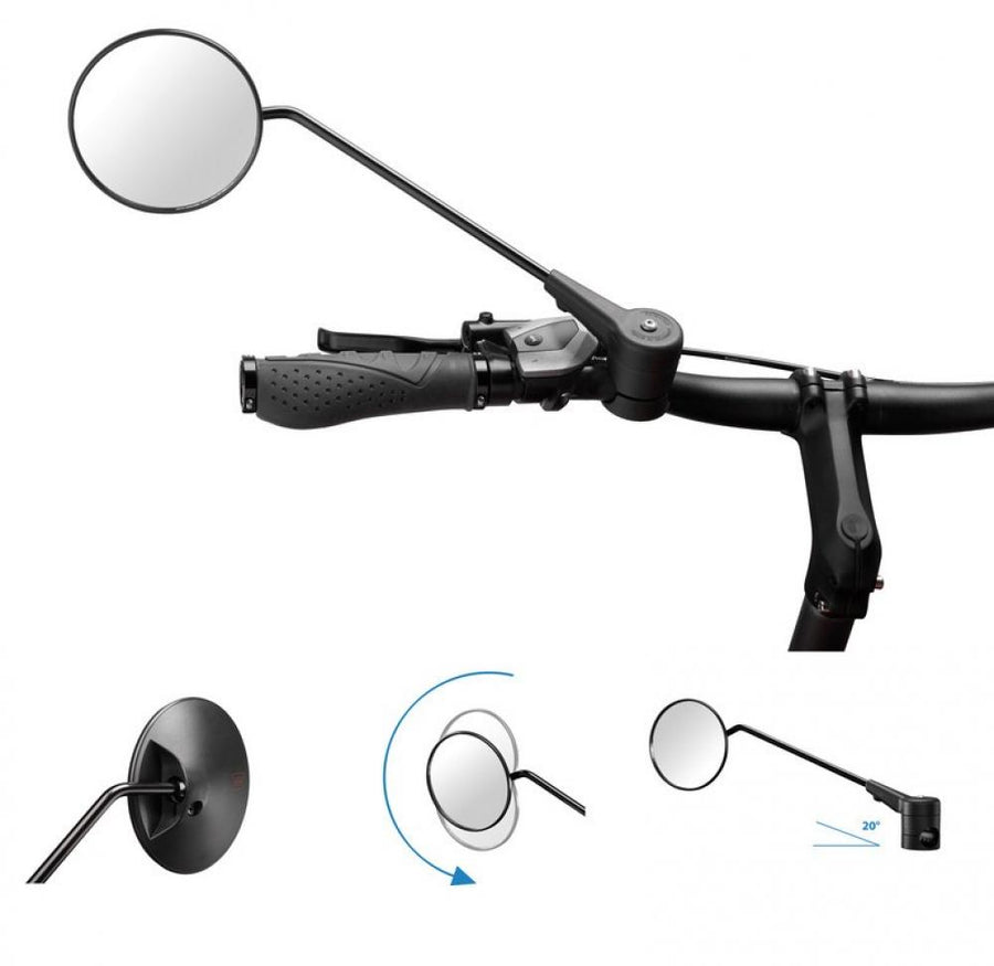 Krampe Fahrradspiegel KF1 schwarz mit großer Außenklemmung am Lenker, verstellbar, 20° Winkel.