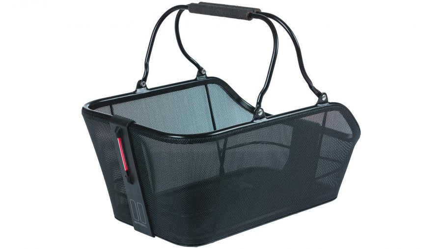 Schwarzer BASIL Cento Tech Fiber Nordlicht Hinterradkorb (21L) aus Textonile/Alu mit MIK 2.0 Adapter & LED-Rücklicht.