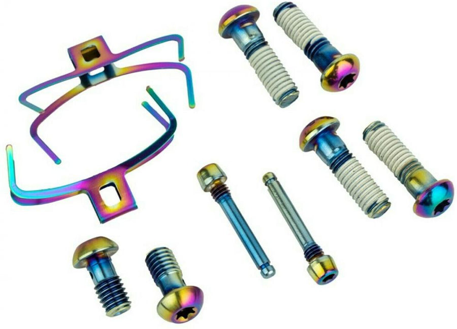 SRAM Bremssattel Hardware Upgrade Kit Rainbow G2 ULT/RSC mit Schrauben, Stiften und Federn in Regenbogenfarben.