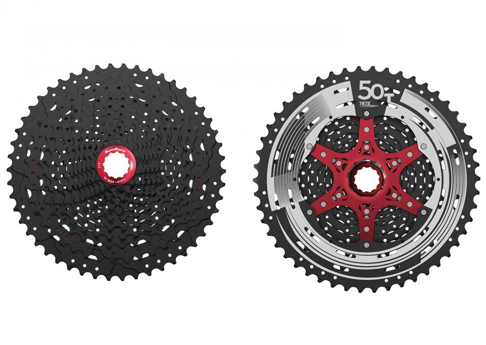 SunRace Kassette CSMZ90 WA5 12-fach Wide Ratio 11-50 Zähne, Schwarz mit Rotem Lockring und Spider.