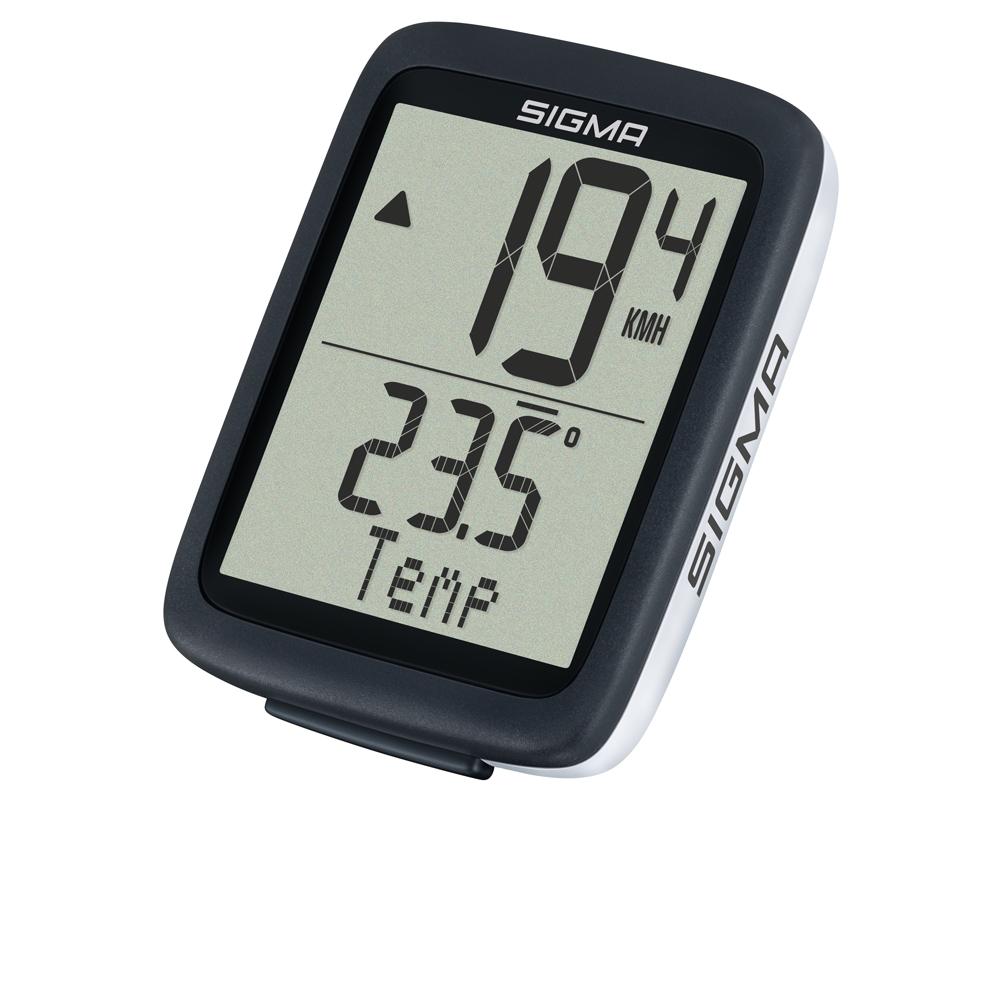 Sigma Fahrradcomputer BC 10.0 WR, kabelgebunden, zeigt Geschwindigkeit (19.4 KMH) und Temperatur (23.5°C).