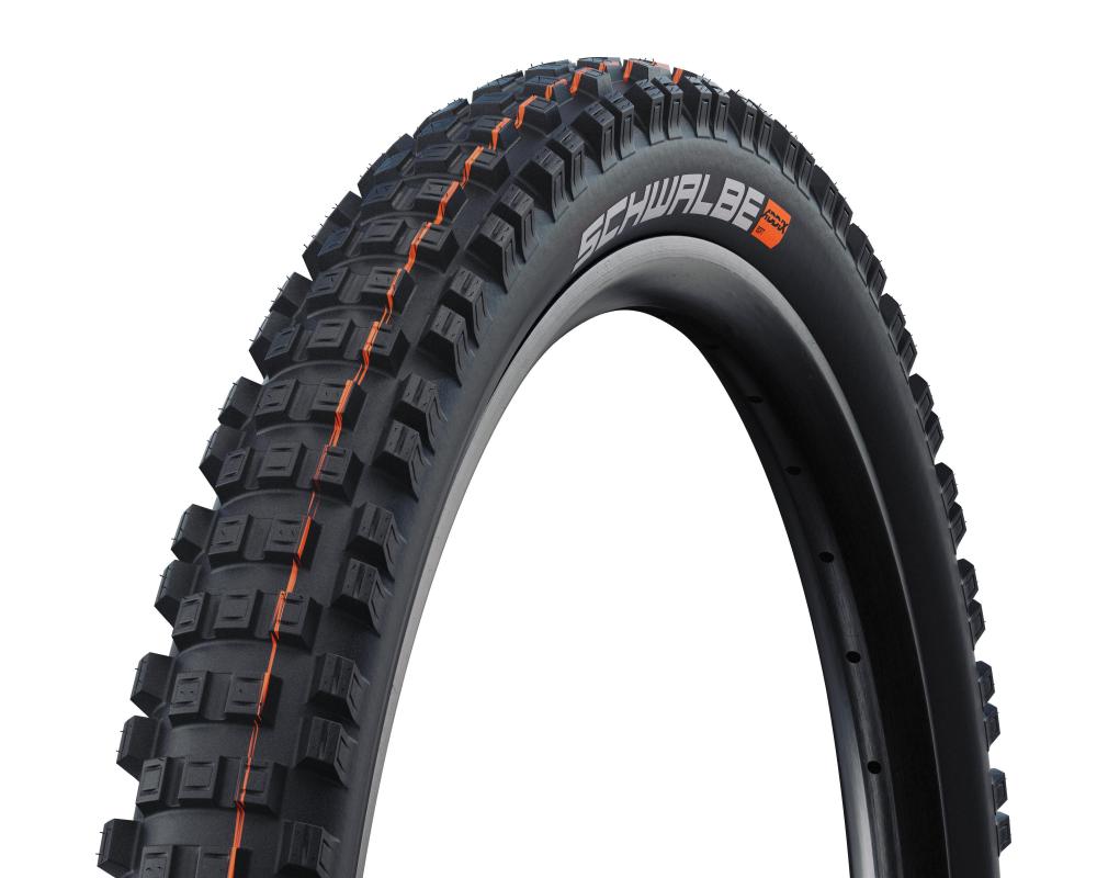 Schwalbe Eddy Current Rear E-MTB Reifen 29x2.60 schwarz, faltbar, mit aggressivem Profil und orange Streifen.