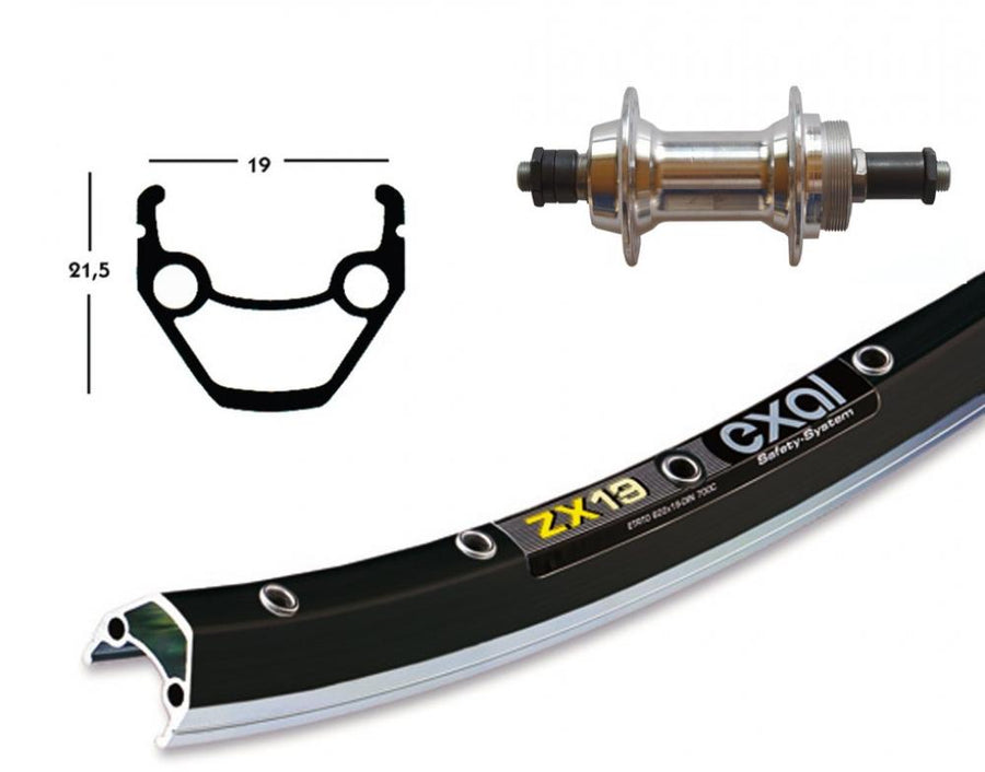 Bike-Parts Hinterrad 28 Zoll Exal ZX19 schwarz silber 36 Loch Schraubkranz Schnellspanner mit Querschnitt.