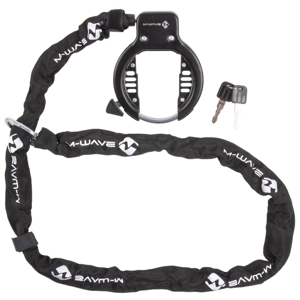 M-WAVE Ringchain Rahmenschloss mit Kette Rahmenschloss mit befestigter Kette, Schlüssel, 63 mm Öffnung, Kettenlänge 1.500 mm