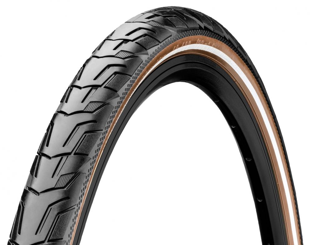 Continental Ride City Reifen 28x1.60" schwarz/braun Reflex E-25 Draht auf schwarzer Fahrradfelge.