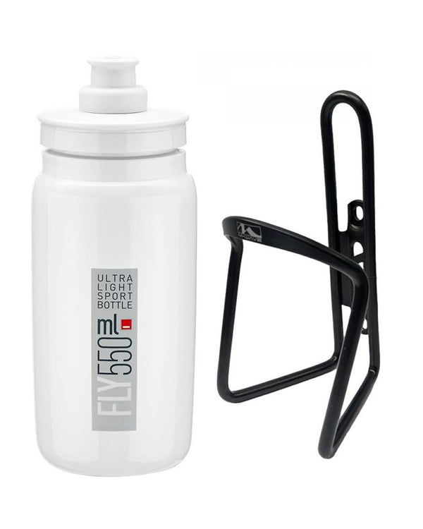 Elite Trinkflasche Fly weiß + M-Wave Flaschenhalter schwarz