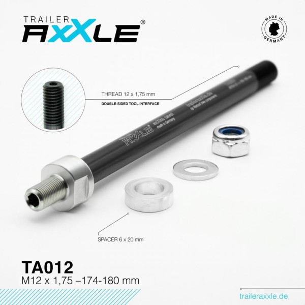 Radoxx Components Trailer AxXle TA012 M12x1.75 | 174-180 mm die Achse für Fahrrad Kinderanhänger