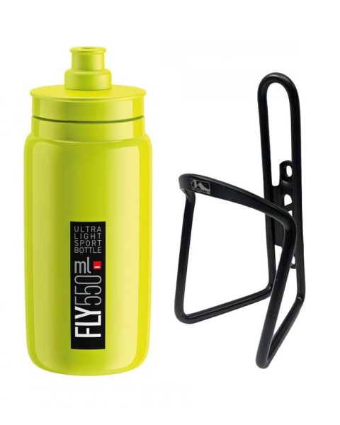Elite Trinkflasche gelb fluo + M-Wave Flaschenhalter schwarz, Trinkflaschensets, Sets